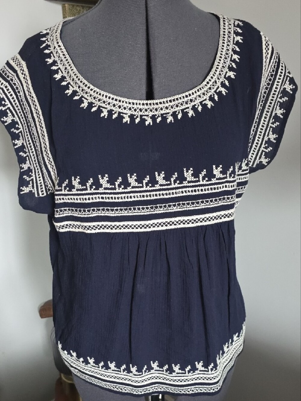Forever 21 Navy Top with Cream Crochet Trim
